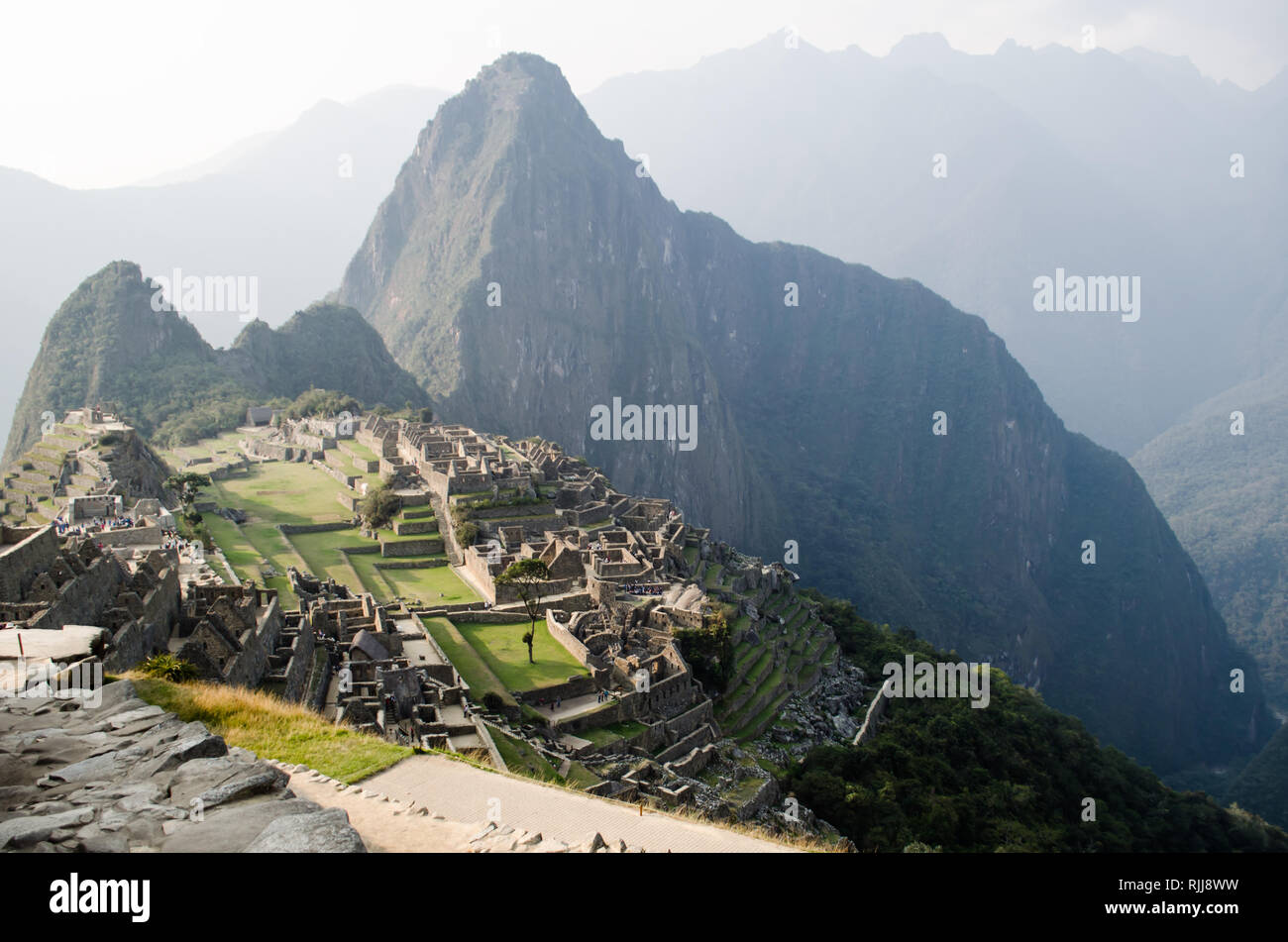 Klassische Ansicht von Machu Picchu während der trockenen Jahreszeit Stockfoto