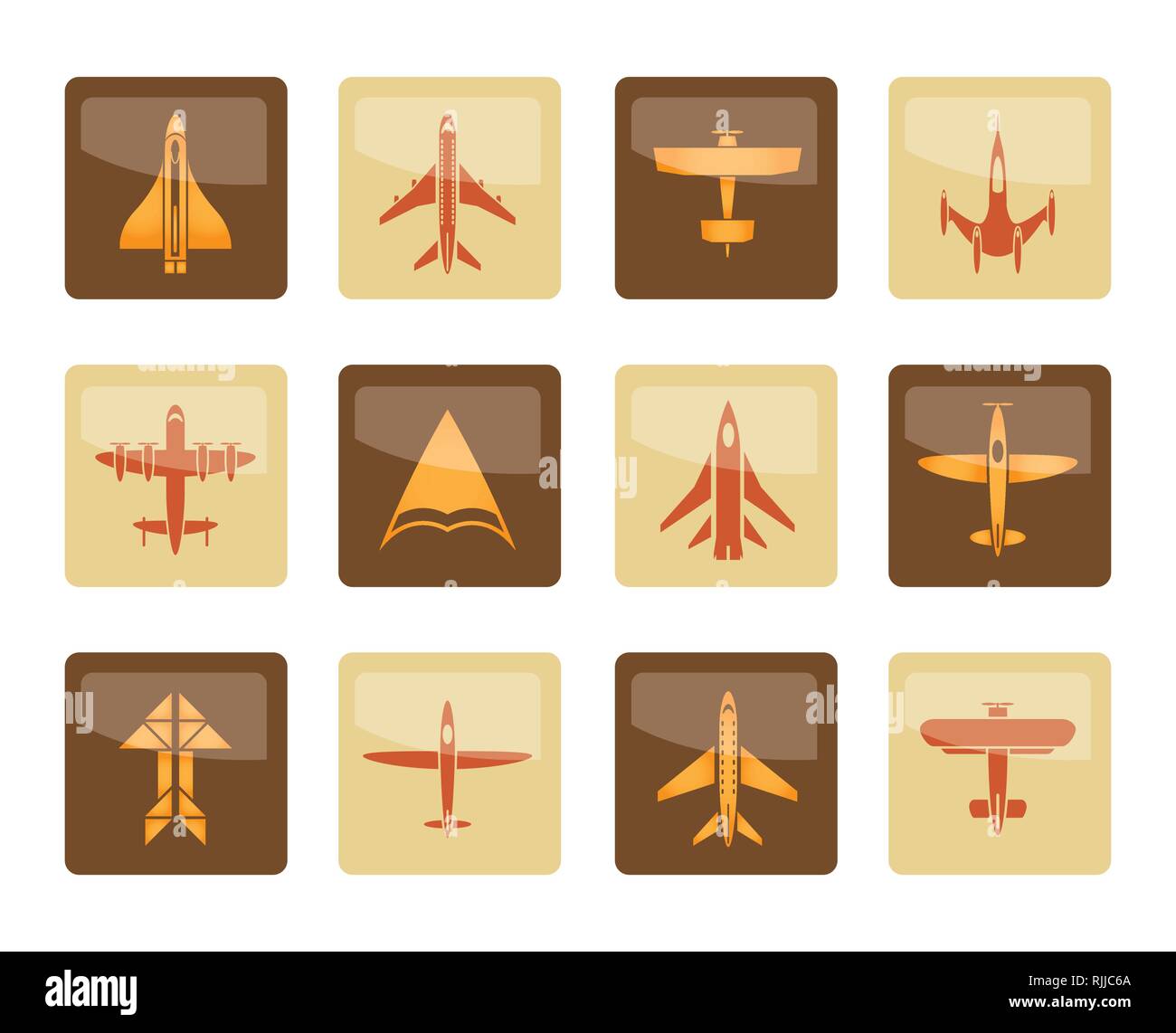 Verschiedene Arten von Flugzeug Symbole über braunen Hintergrund - Vektor Icon Set Stock Vektor