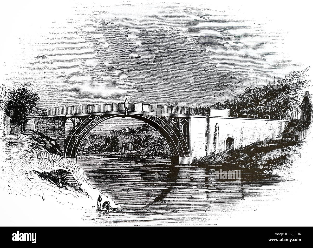 Eine Gravur, Abraham Darby III Iron Bridge in Coalbrookdale, Shropshire. Vom 19. Jahrhundert Stockfoto