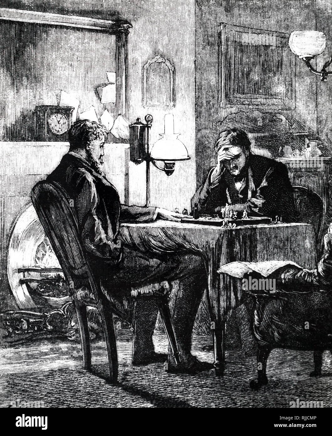 Eine Gravur mit zwei Männer spielen Schach durch das Licht einer Öllampe. Vom 19. Jahrhundert Stockfoto