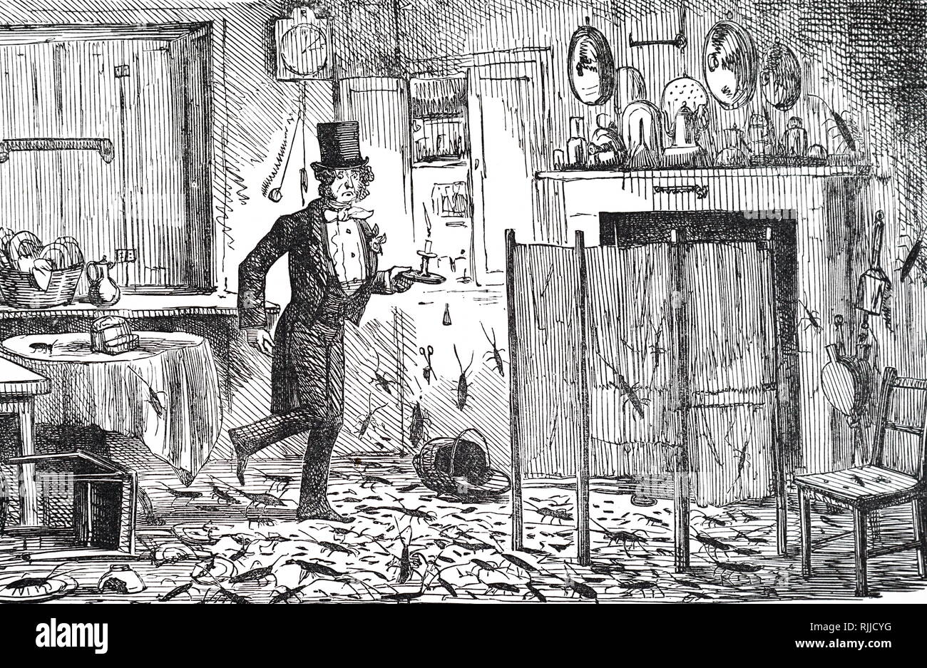 Eine Karikatur, die Startseite von Kakerlaken und andere Insekten befallen ist ein wohlhabender Gentleman. Vom 19. Jahrhundert Stockfoto