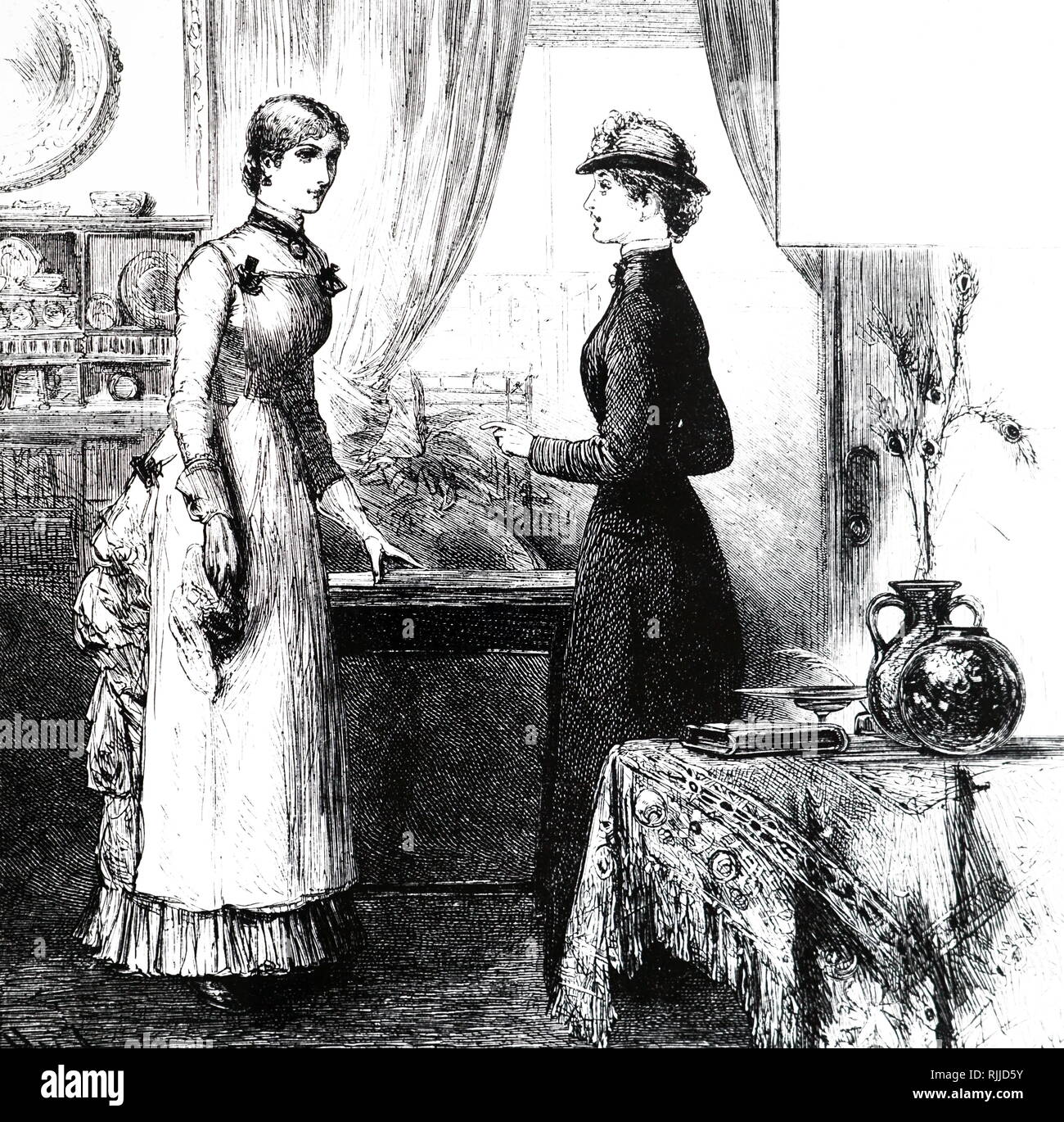 Eine Gravur, eine Dame, das Tragen einer Schürze und Handschuhe, Abstauben. Vom 19. Jahrhundert Stockfoto