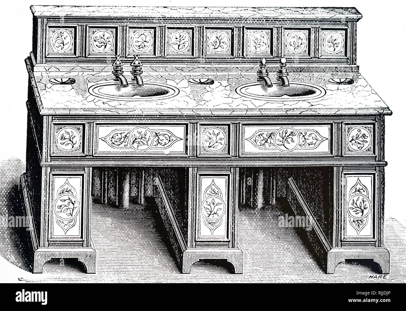 Ein kupferstich mit der Darstellung eines Doppel-waschbecken Toilette von Doulton & Co. Vom 19. Jahrhundert entworfen Stockfoto