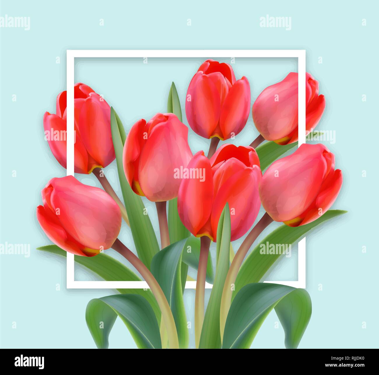 Happy Mother Day card Tulip blumen blumenstrauss Vektor realistisch. Helle blaue Farbe Hintergrund Stock Vektor