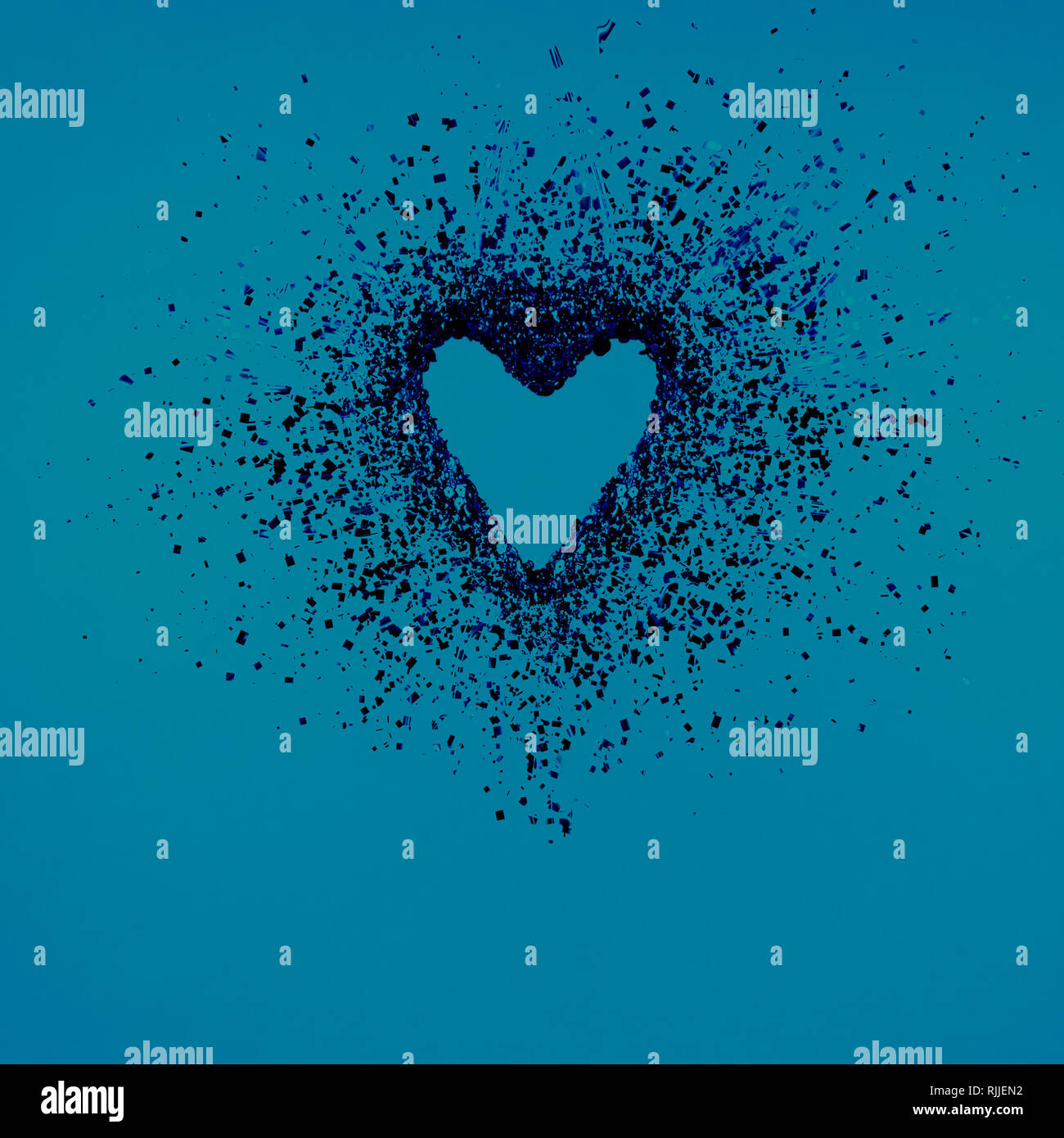 Glitter Herz auflösen in Stücke auf blauem Hintergrund. Valentines Tag, gebrochene Herzen und Liebe Konzept. Platz Stockfoto