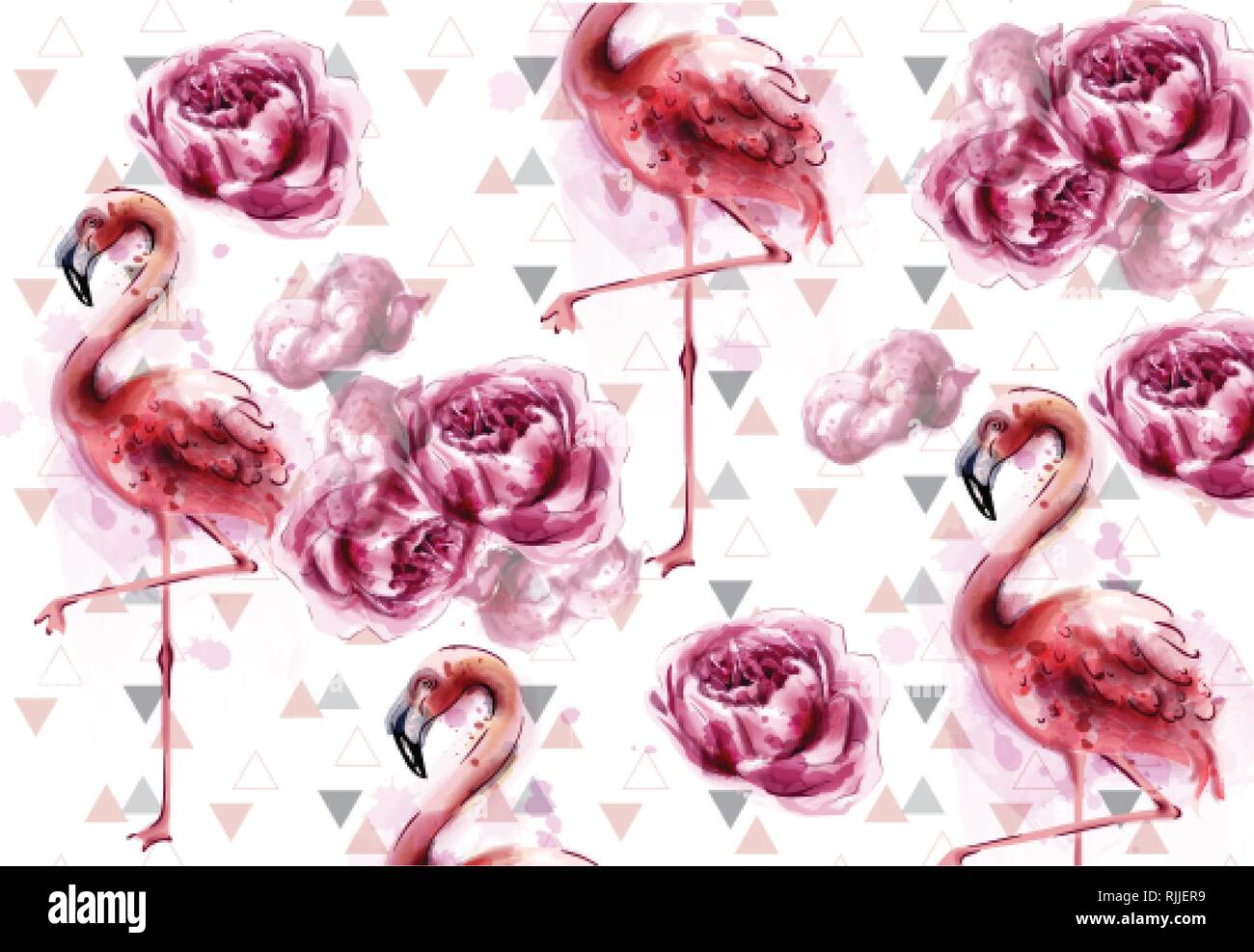Flamingo und Pfingstrose Blumen Aquarell Hintergrund Vector Illustration Stock Vektor