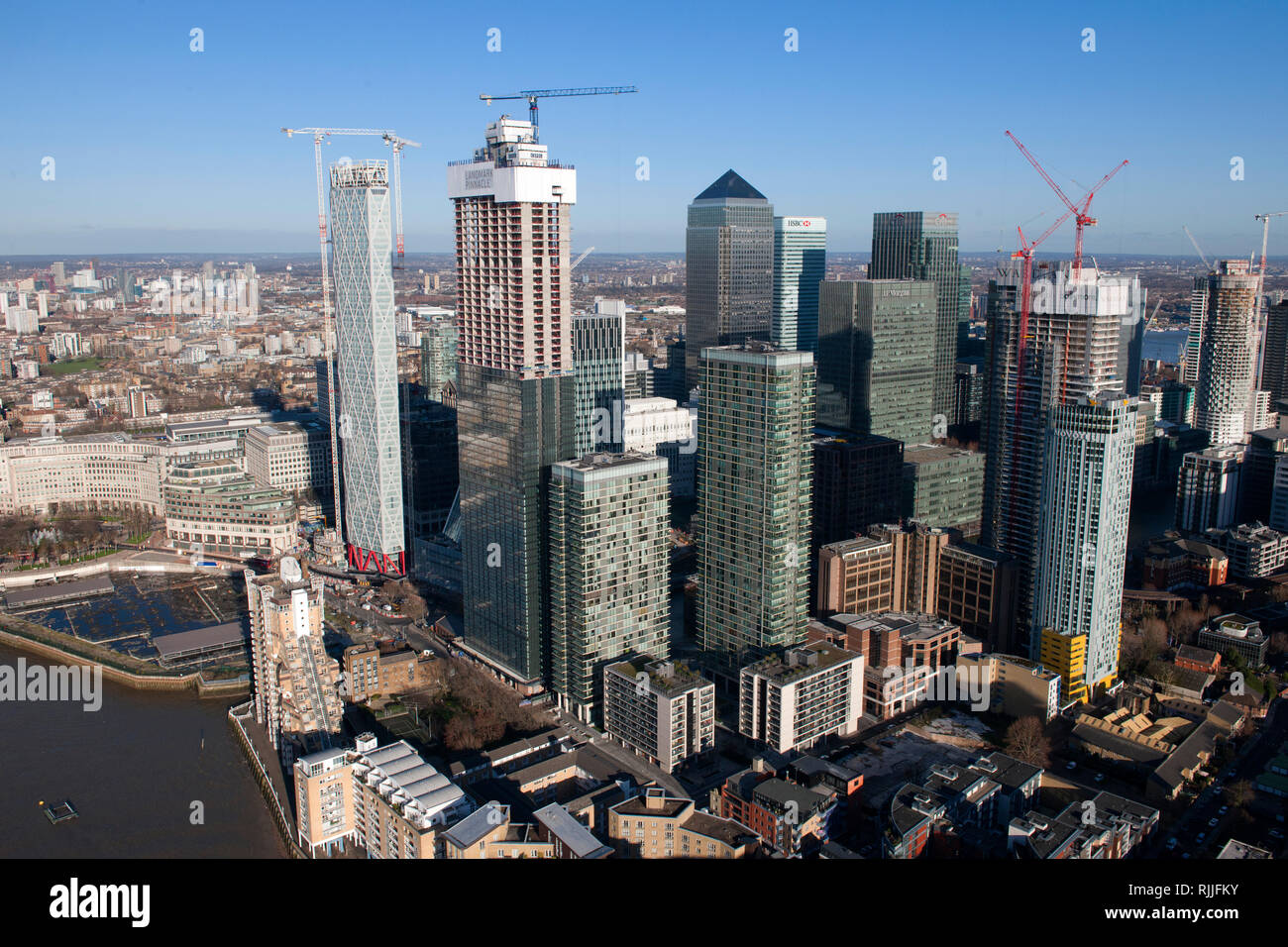 Canary Wharf Financial District aus der Luft. Stockfoto