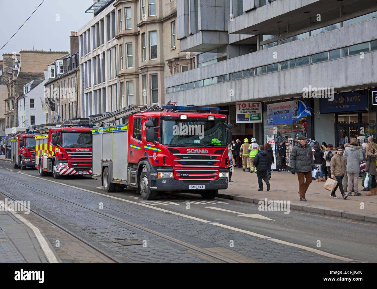 Drei Löschfahrzeuge, Princes Street, Edinburgh, Schottland, Großbritannien Stockfoto