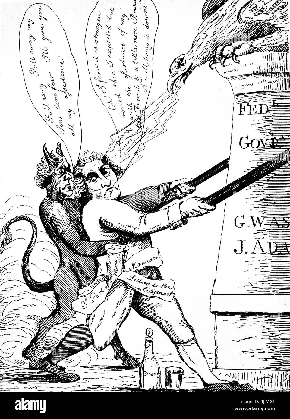 Eine Föderalistische cartoon Angriff auf Präsident Thomas Jefferson und seiner Regierung. Präsident Thomas Jefferson (1743-1826), ein amerikanischer Gründervater und dritten Präsidenten der Vereinigten Staaten. Vom 19. Jahrhundert Stockfoto
