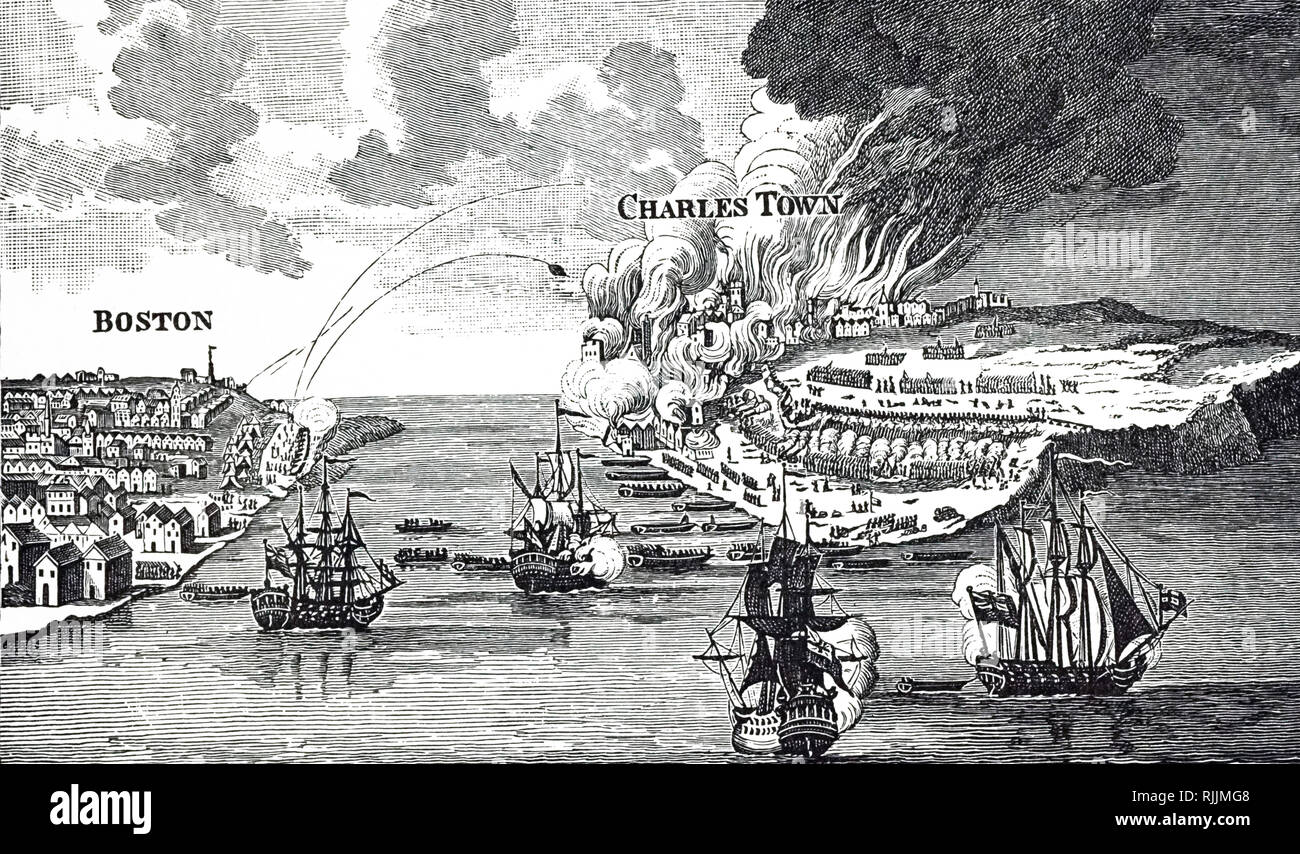 Ein kupferstich mit der Darstellung der Schlacht von Bunker Hill kämpften während der Belagerung von Boston. Vom 18. Jahrhundert Stockfoto