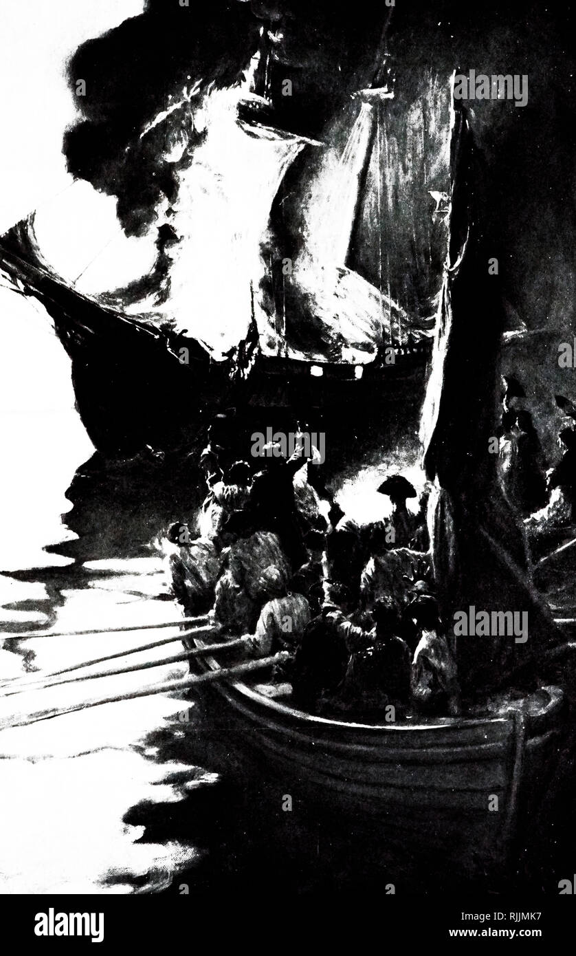 Eine Gravur der Darstellung mit dem Titel "Die brennende Gaspee'. Die Gaspee Affäre ein bedeutendes Ereignis in der Leitung - bis zur amerikanischen Revolution. Vom 20. Jahrhundert Stockfoto