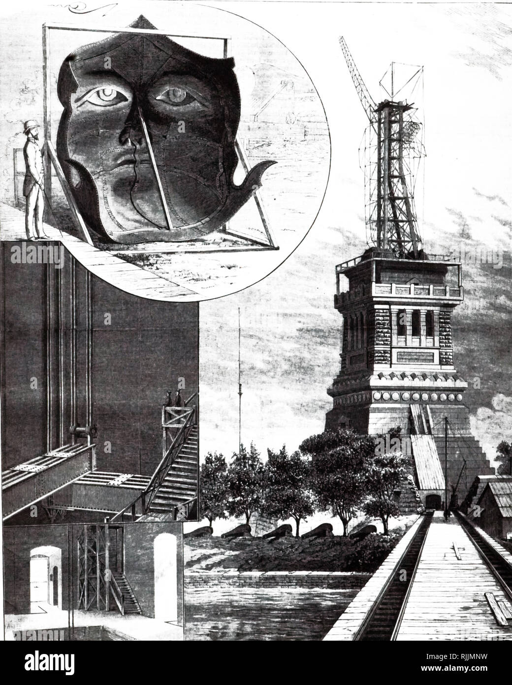 Eine Gravur, die den Bau der Freiheitsstatue in New York, von dem französischen Bildhauer Frédéric Auguste Bartholdi von Gustave Eiffel entworfen und gebaut. Die Statue wurde in Amerika am 28. Oktober 1886 eingeweiht. Vom 19. Jahrhundert Stockfoto