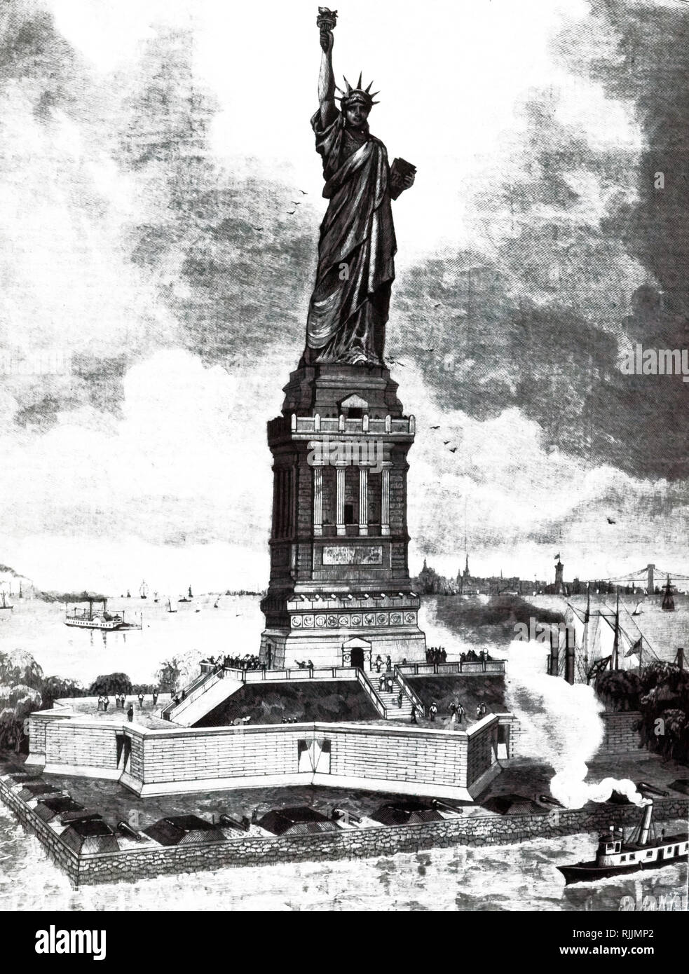 Ein kupferstich mit der Darstellung der Freiheitsstatue in New York, entworfen vom französischen Bildhauer Frédéric Auguste Bartholdi und von Gustave Eiffel erbaut. Die Statue wurde in Amerika am 28. Oktober 1886 eingeweiht. Vom 19. Jahrhundert Stockfoto