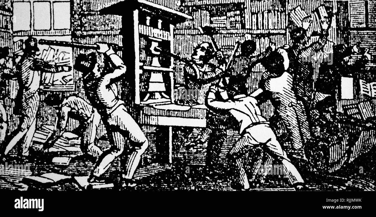 Holzschnitt Kupferstich mit der Darstellung der Zerstörung der abolitionistischen Druckmaschine der Alton Beobachter. Am 20. Juli 1837, in der Presse wurde angegriffen und der Editor Elia Pfarrei Lovejoy wurde durch ein betrunkener Mob erschossen. Vom 19. Jahrhundert Stockfoto
