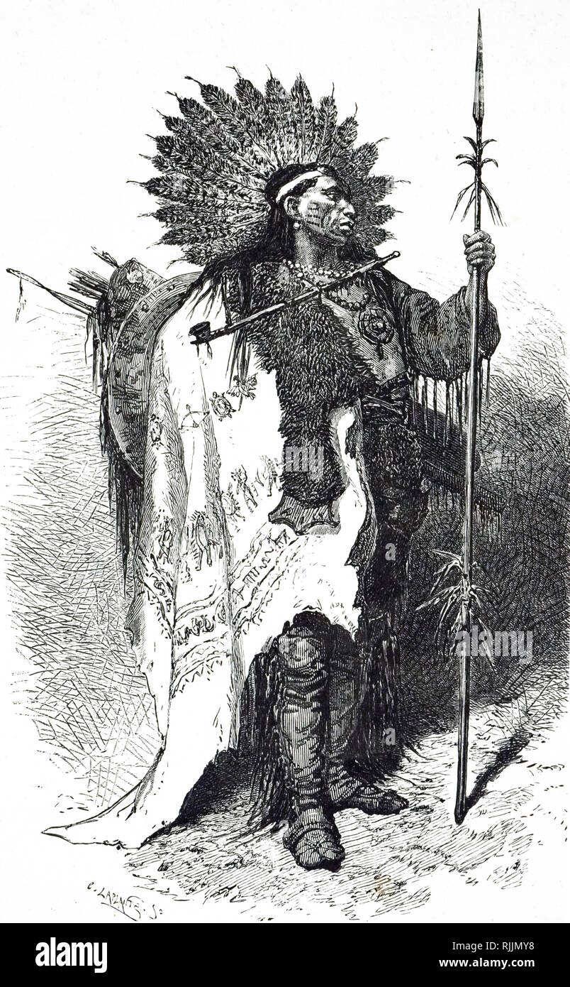 Ein kupferstich mit der Darstellung eines Native American Chief. Vom 19. Jahrhundert Stockfoto