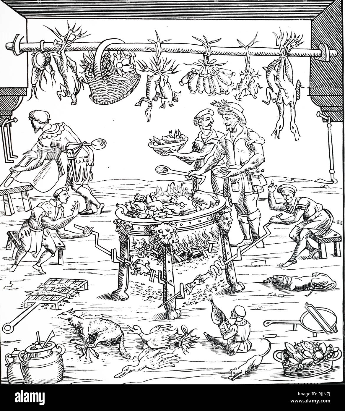 Ein holzschnitt Kupferstich, eine italienische Küche. Vom 16. Jahrhundert Stockfoto