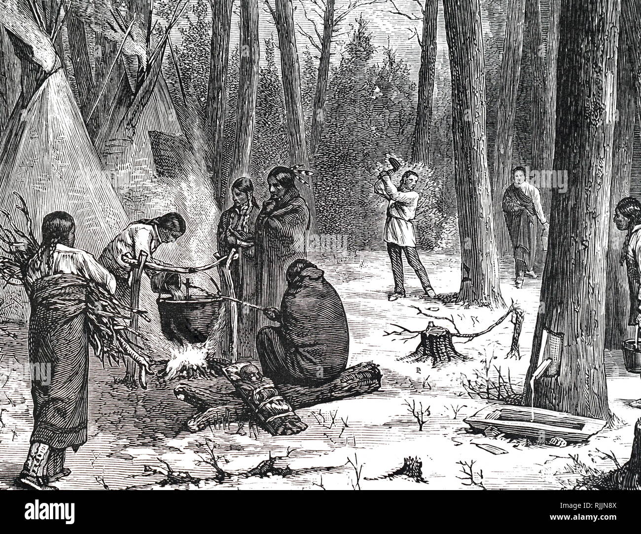 Eine Gravur, die Nordamerikanischen Indianer Sammlung maple sap und kocht es unten in Sirup und Zucker. Vom 19. Jahrhundert Stockfoto