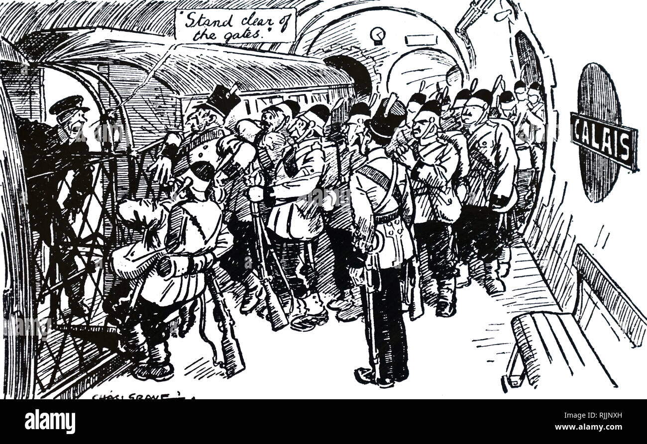 Eine Karikatur, die Beruhigenden traditionelle britische Angst vor einer Kanal- Tunnel. Vom 20. Jahrhundert Stockfoto