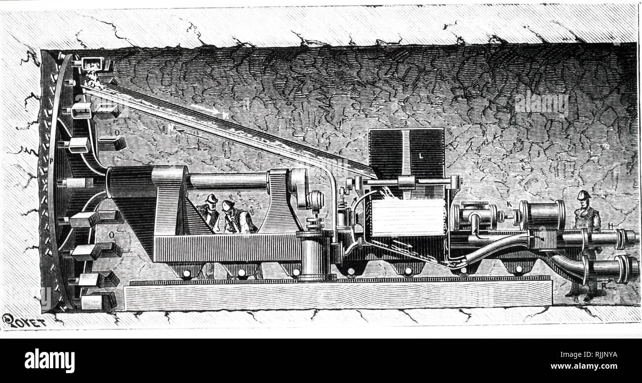 Eine Gravur der Darstellung Crampton der Bohrmaschine verwendet in den 1880er Jahren versucht, einen Tunnel unter dem Ärmelkanal Bohrung. Vom 19. Jahrhundert Stockfoto