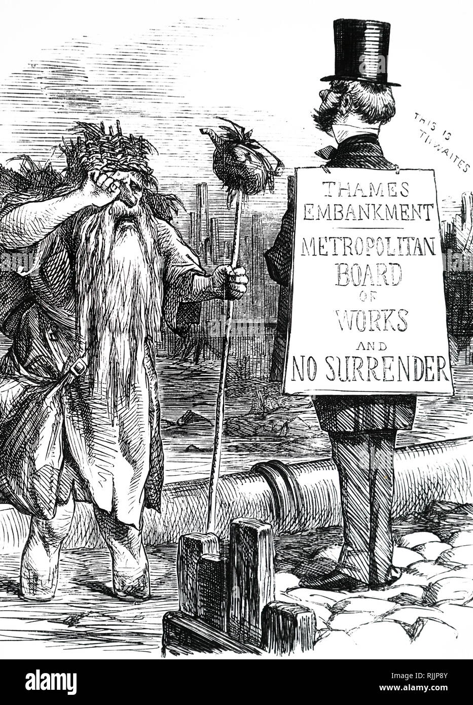 Ein Cartoon, John Thwaites, Vorsitzender des Metropolitan Board of Works, Gesicht mit Vater Themse zu Gesicht. Im Jahre 1861 erhielt der Vorstand fast eine Million Pfund und verbrachte £ 900.000 am Ufer der Themse und dem Metropolitan Hauptkanalisation inmitten auf der Themse und London mit ordnungsgemäße Abwasserentsorgung. John Thwaites (1815-1870) ein britischer Politiker und erster Vorsitzender des Metropolitan Board of Works. Vom 19. Jahrhundert Stockfoto