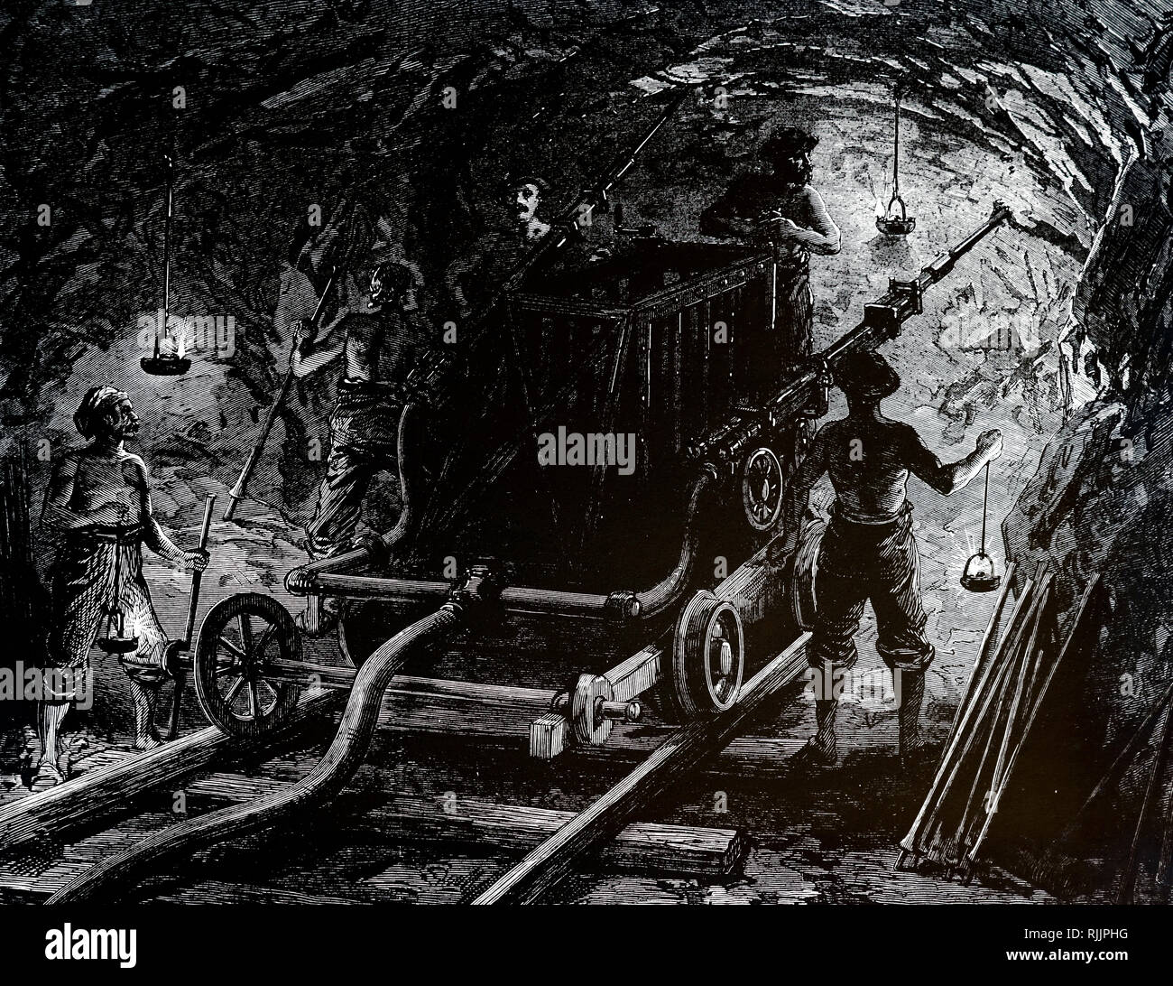 Ein kupferstich mit der Darstellung eines Druckluft Bohrmaschine für langweilige Rock beim Bau des Mont Cenis Tunnels verwendet. Vom 19. Jahrhundert Stockfoto