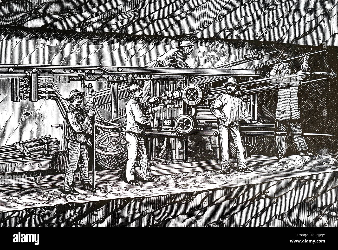 Ein kupferstich mit der Darstellung eines Druckluft Bohrmaschine für langweilige Rock beim Bau des Mont Cenis Tunnels verwendet. Vom 19. Jahrhundert Stockfoto