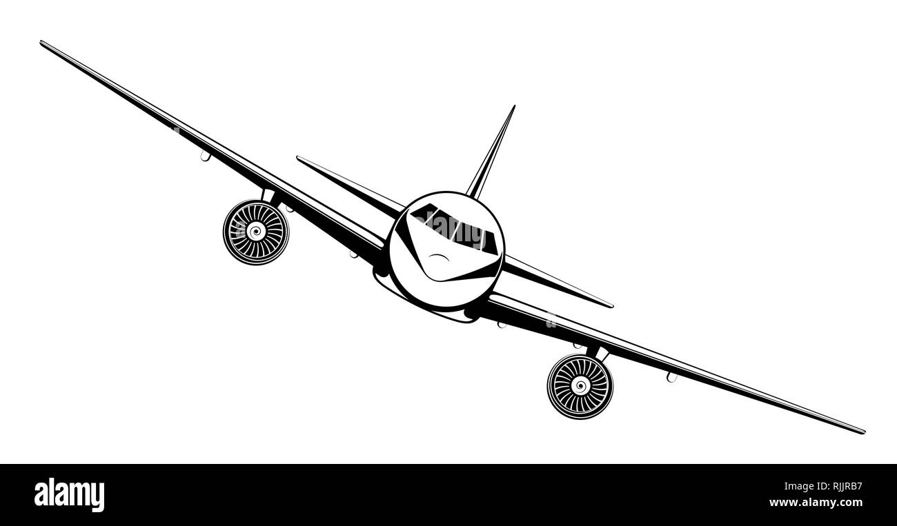 Flugzeug auf blauem Hintergrund. Flugzeug fliegen in den Himmel. Vorderansicht. Flugzeuge Flat Style Vector Illustration. Stock Vektor