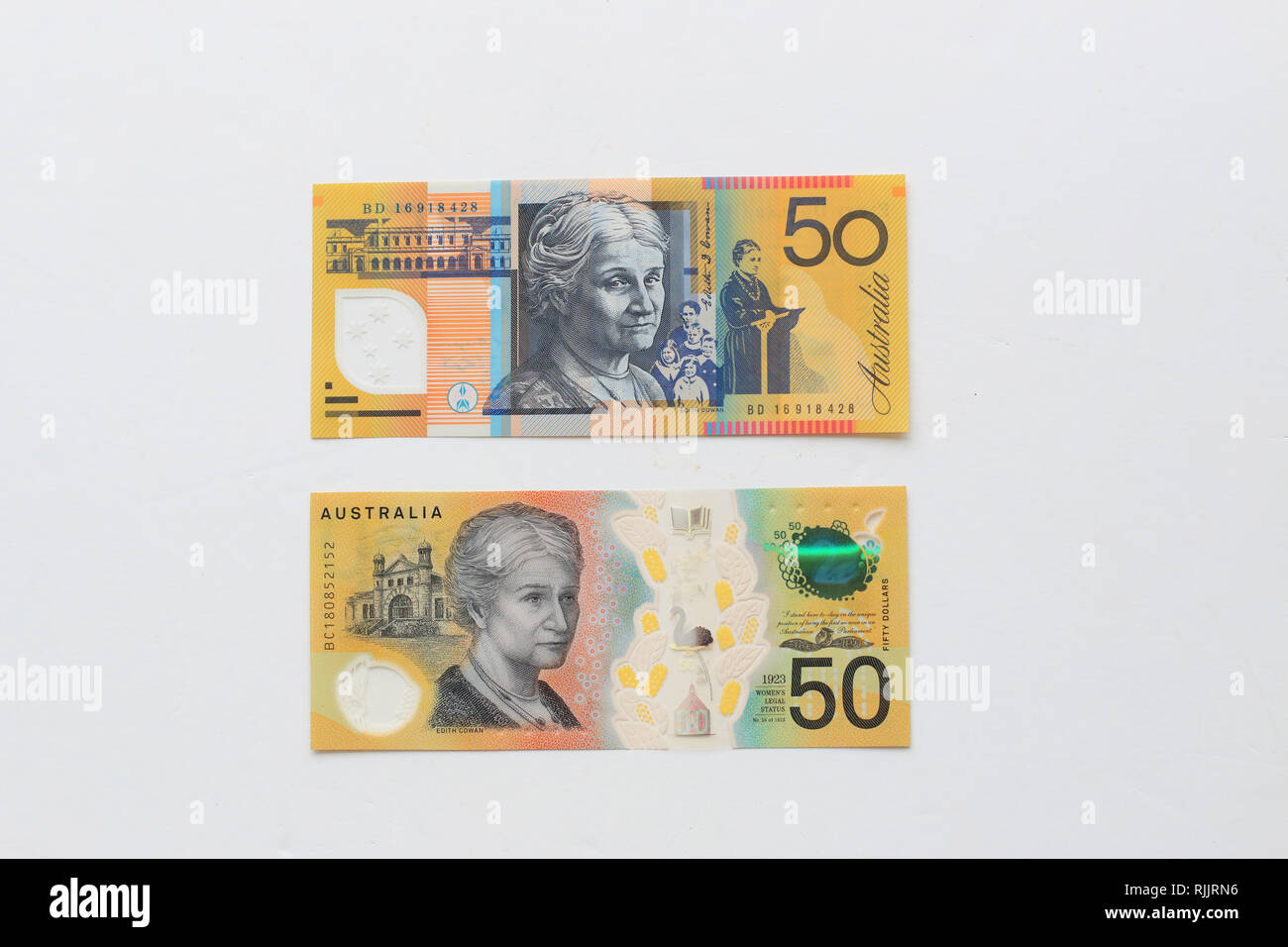 $ 50 australische Alte und neue Bank Note vor weißem Hintergrund Stockfoto