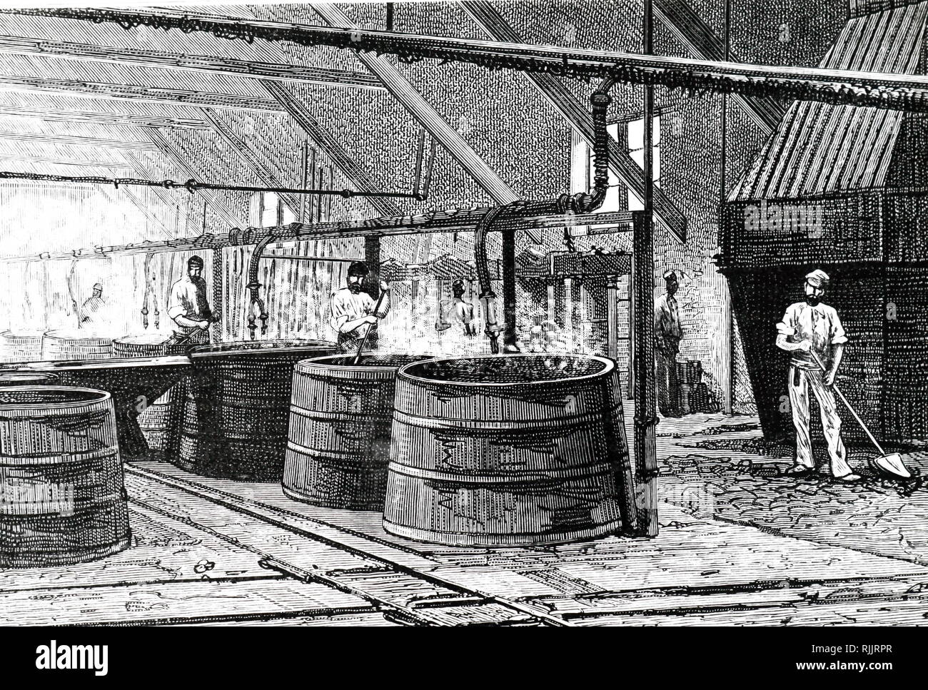 Ein kupferstich mit der Darstellung der bottiche Kochen der Käsemasse von der Oberfläche der Seine bei der Abwasserkanal, Mündungen von Rohrleitungen in der Herstellung von Seife verwendet wurden. Vom 19. Jahrhundert Stockfoto