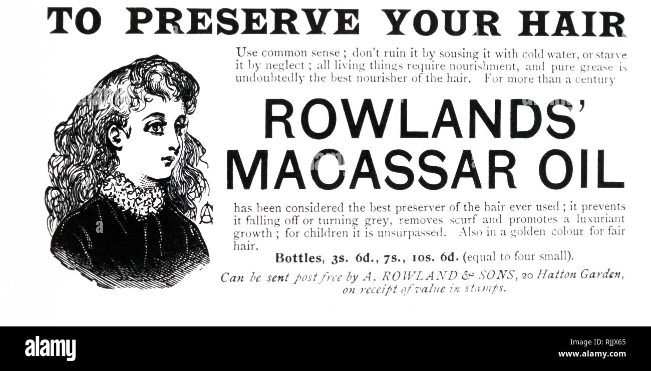 Eine Werbung für Rowlands' Macassar Öl für die Haare. Vom 19. Jahrhundert Stockfoto