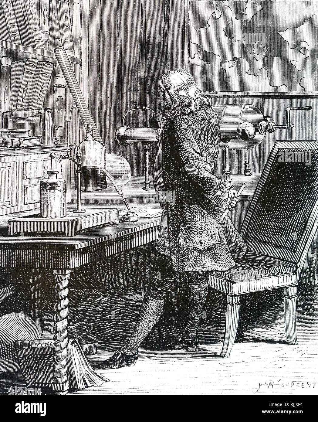 Eine Gravur mit Benjamin Franklin in seinem Labor. Benjamin Franklin (1706-1790), einer der Gründerväter der Vereinigten Staaten, universalgelehrten, Autor, Drucker, politische Theoretiker, Politiker, Freimaurer und postmaster. Vom 19. Jahrhundert Stockfoto