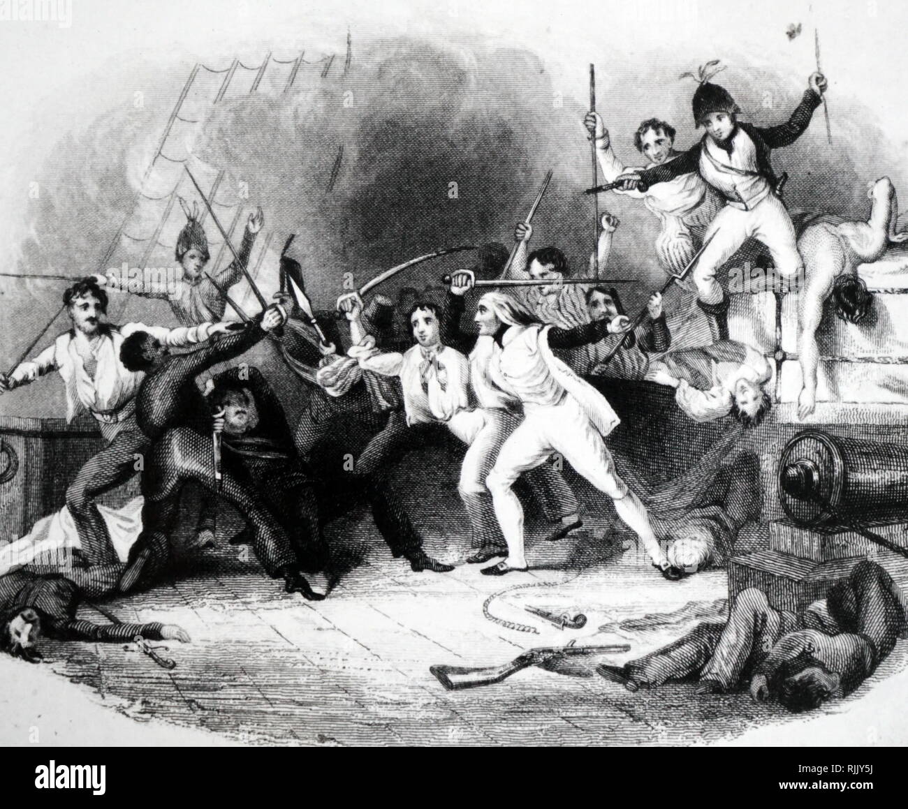 Abbildung: British Naval Held, Horatio Nelson (später Lord Nelson), führt ein Internat Partei zu ergreifen, eine amerikanische Privateer (Pirate), Behälter. 1777 Stockfoto