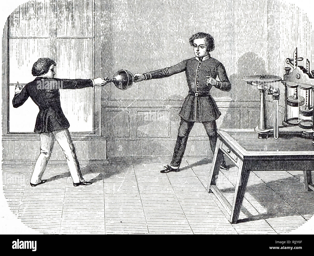 Eine Gravur mit zwei Jungen, die versuchen, neben zwei Magdeburger Halbkugeln, aus dem die Luft durch die Luftpumpe wurde evakuiert ziehen, rechts. Vom 19. Jahrhundert Stockfoto