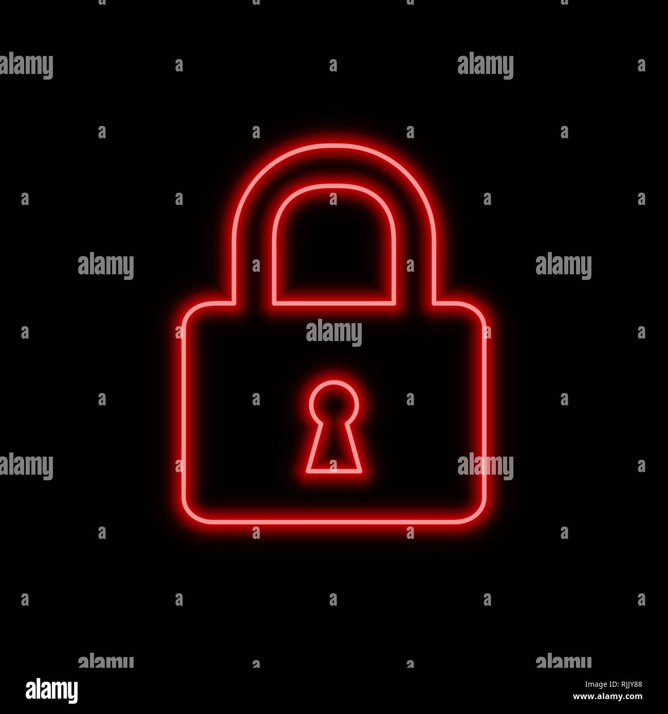 Geschlossenes schloss Leuchtreklame. Hell leuchtende Symbol auf schwarzem Hintergrund. Neon Symbol Stil. Stock Vektor