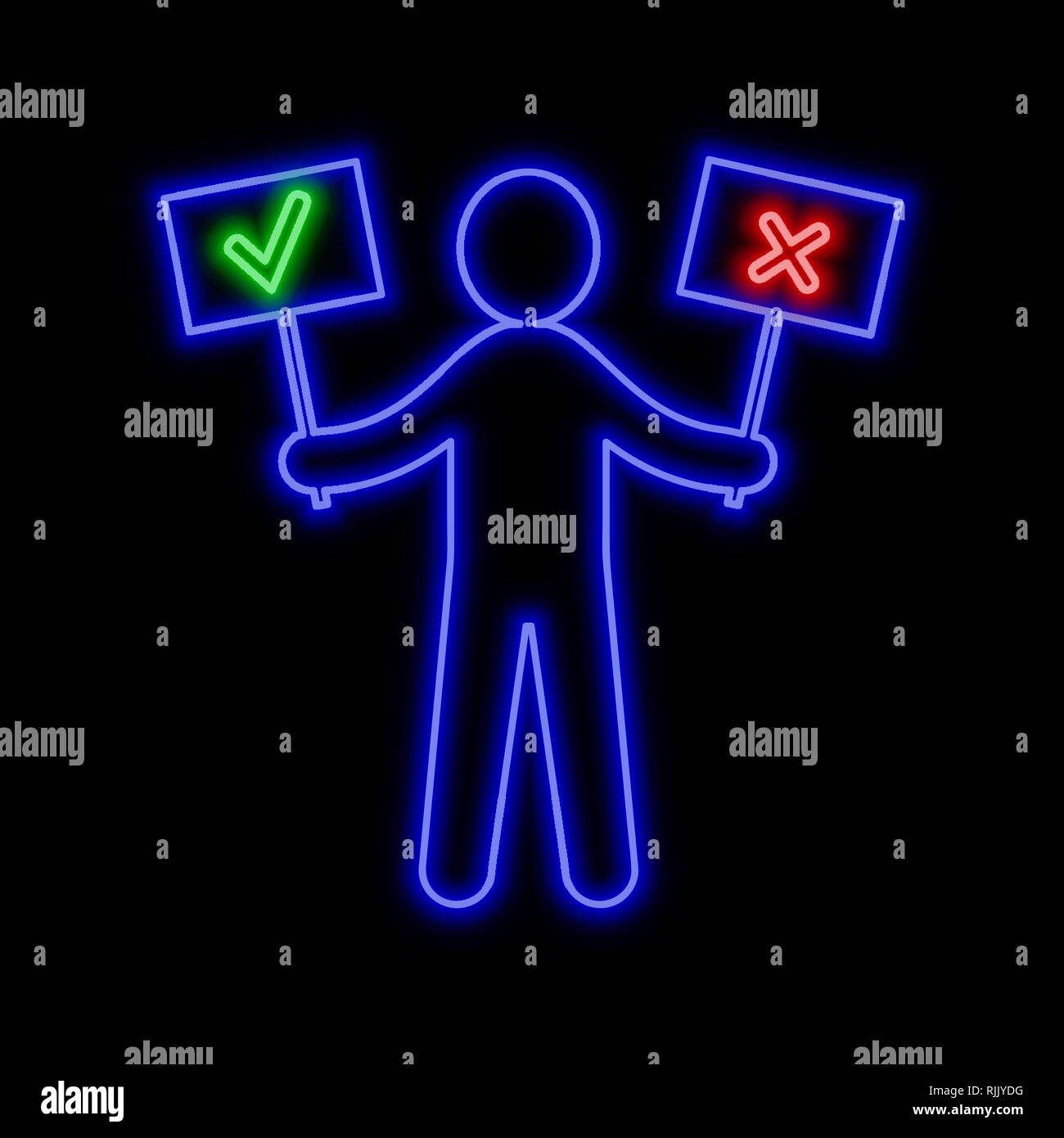 Mann Abbildung mit Genehmigen und Ablehnen. Wahl Konzept Leuchtreklame. Hell leuchtende Symbol auf schwarzem Hintergrund. Neon Symbol Stil. Stock Vektor