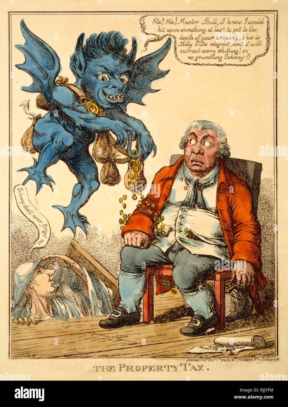 Britische politische Karikatur-C Williams 1814 - "Die Vermögenssteuer'-Politik Stockfoto