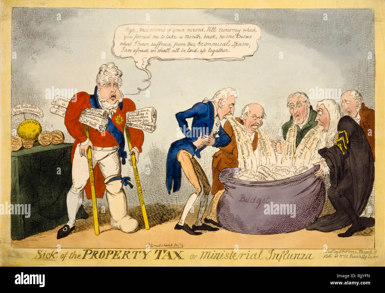 Britische politische Karikatur - George Cruikshank 1816 - "krank von der Grundsteuer oder ministeriellen influnza (sic)"-Politik Stockfoto