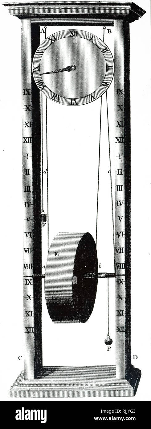 Eine Gravur der Darstellung des Vaters Timothy clepsydra, die in der Lage war, für einen Monat, bevor sie gebraucht werden Wicklung". Drum, E, destilliertes Wasser in der Kommunikation von Zellen enthalten, so arrangiert, dass sie den Sturz der Trommel zu regulieren. Vom 19. Jahrhundert Stockfoto