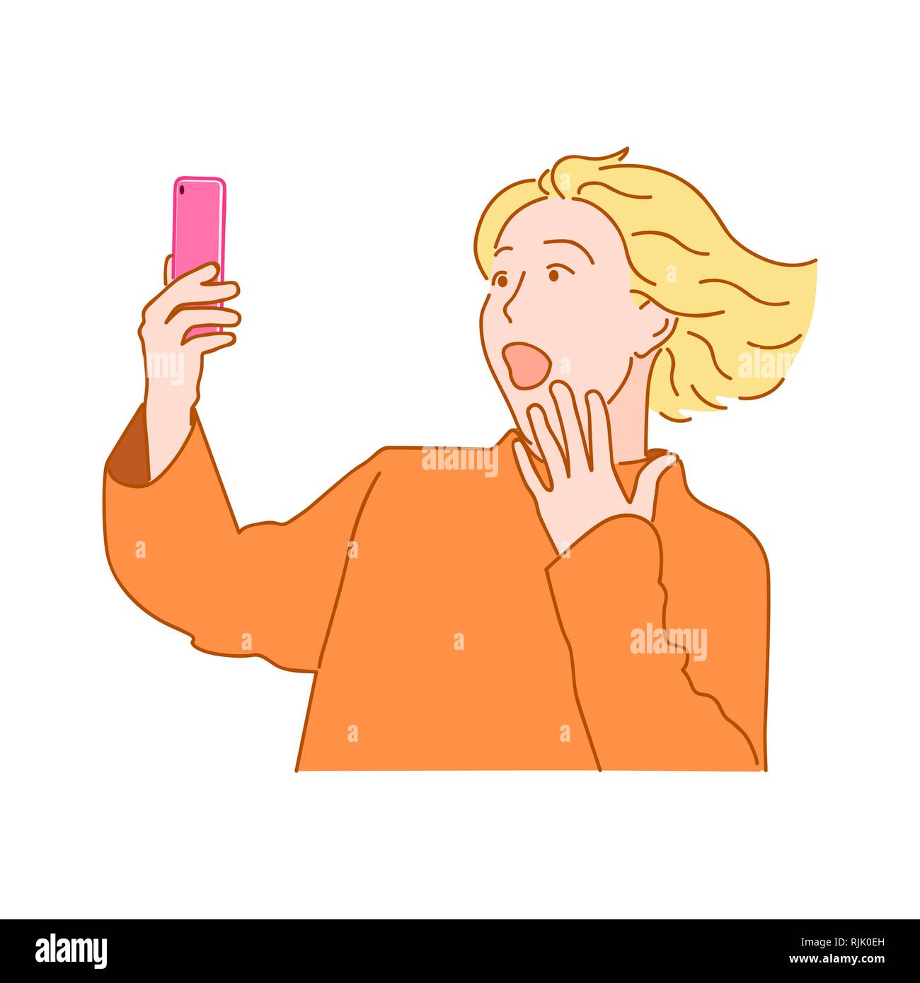 Überrascht blonde Mädchen mit flatternden Haaren und offenen Mund starrt in das Smartphone. Hand Stil doodle Design Illustration gezeichnet Stock Vektor