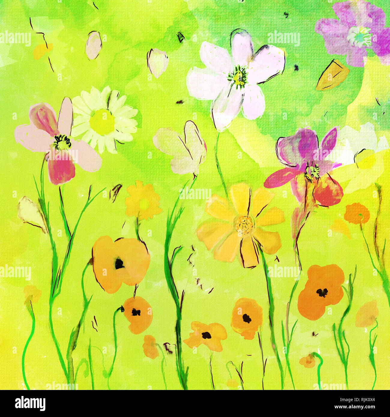 Abstrakte farbenfrohe Muster der Frühling Blumen, watercolor Illustration, digitale Malerei Stockfoto