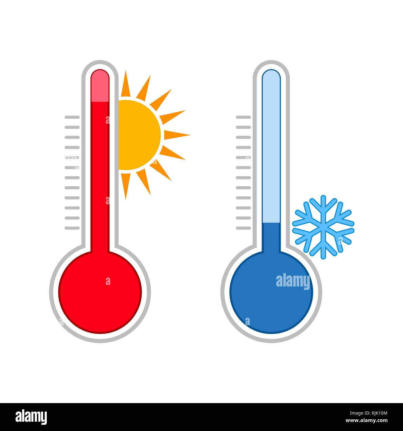 Meteorologie Thermometer. Messen von heißen und kalten Temperaturen. Snowflake, Sonne Symbole. Stock Vektor