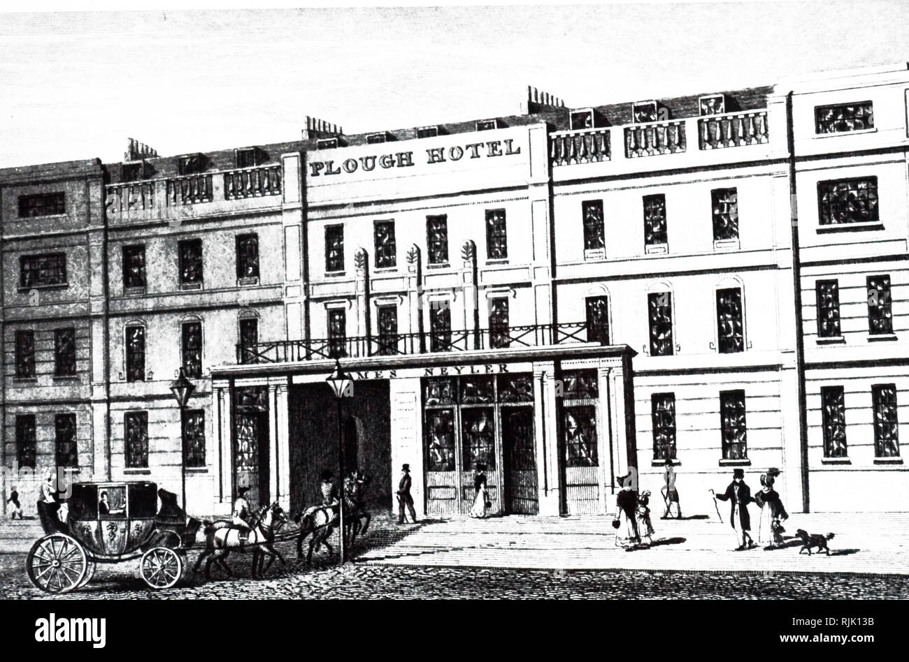 Ein kupferstich mit der Darstellung der Pflug Hotel, Cheltenham Spa. Vom 19. Jahrhundert Stockfoto