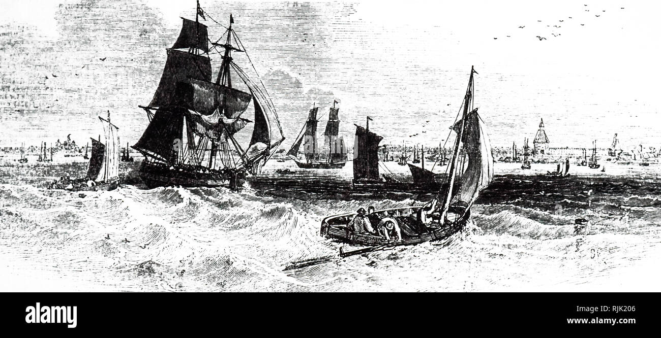 Eine Gravur, ein Erzengel in Rotterdam vom Meer ankommen. Vom 19. Jahrhundert Stockfoto
