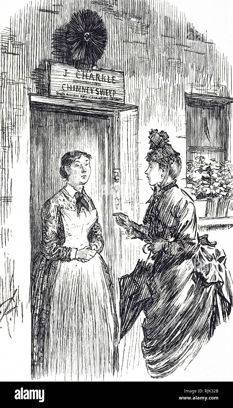 Eine Karikatur, ein Schornsteinfeger Haus, mit einem Schornstein Pinsel über der Tür als Werbung. Vom 19. Jahrhundert Stockfoto