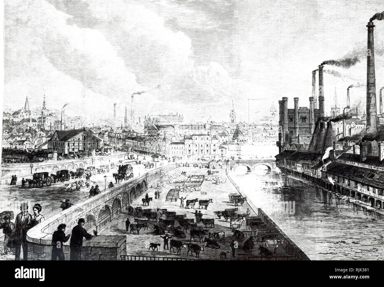 Eine Gravur mit einer Ansicht von Sheffield vom Bahnhof gesehen, mit Stahlwerken auf der rechten Seite. Vom 19. Jahrhundert Stockfoto