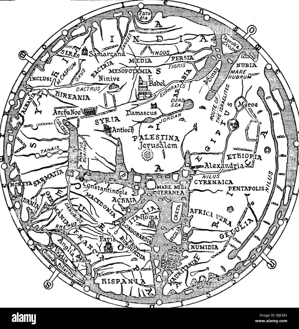 Ein kupferstich mit der Darstellung der zentralen Abschnitt der Hereford Mappa Mundi, eine mittelalterliche Karte der bekannten Welt. Vom 14. Jahrhundert Stockfoto
