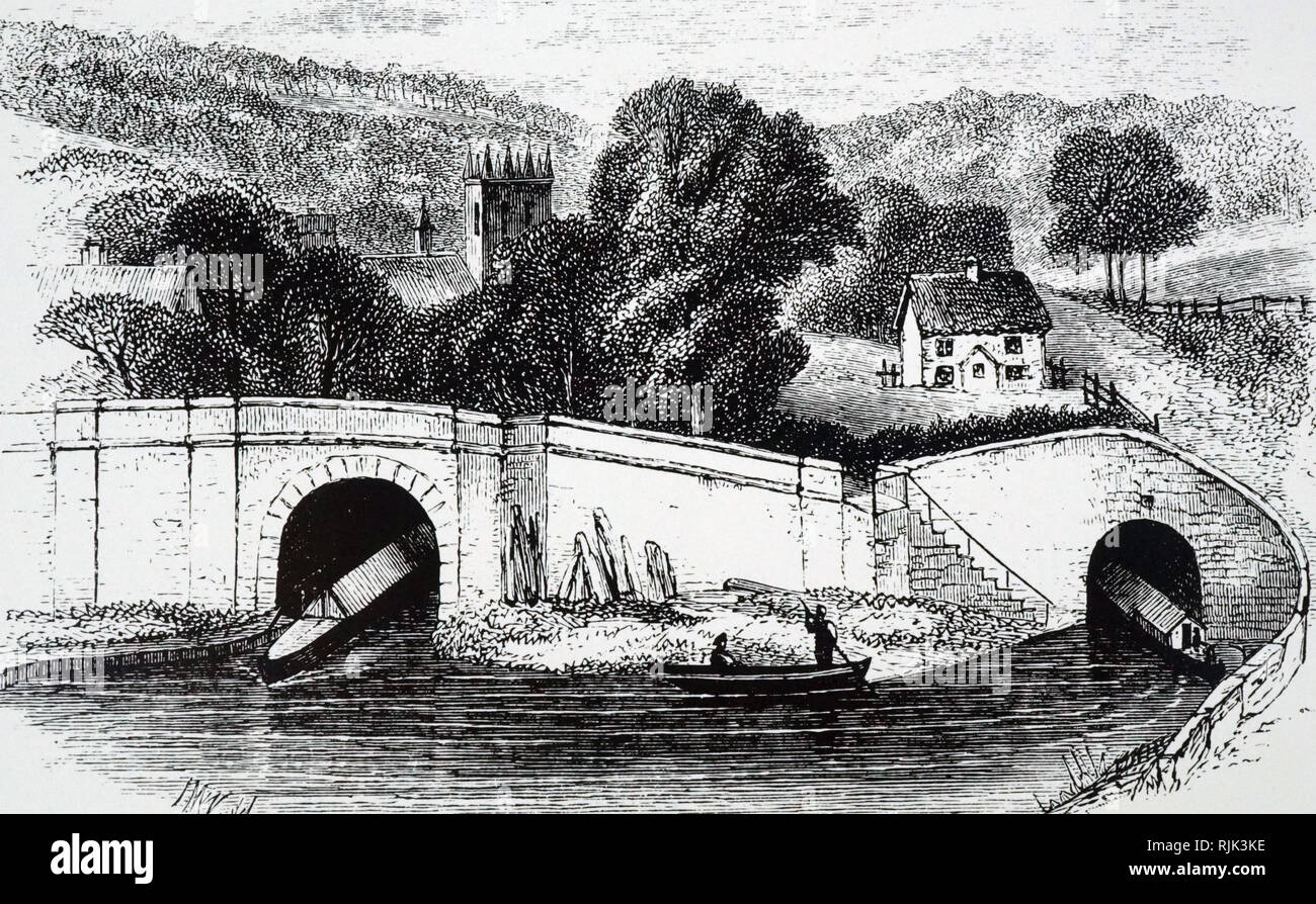 Ein kupferstich mit der Darstellung der nördlichen Eingang des Harecastle Tunnel auf der Grand Trunk Canal (Trent und Mersey Canal). Der Eintrag auf der rechten Seite ist brindley's und auf der linken Telford's. Vom 19. Jahrhundert Stockfoto