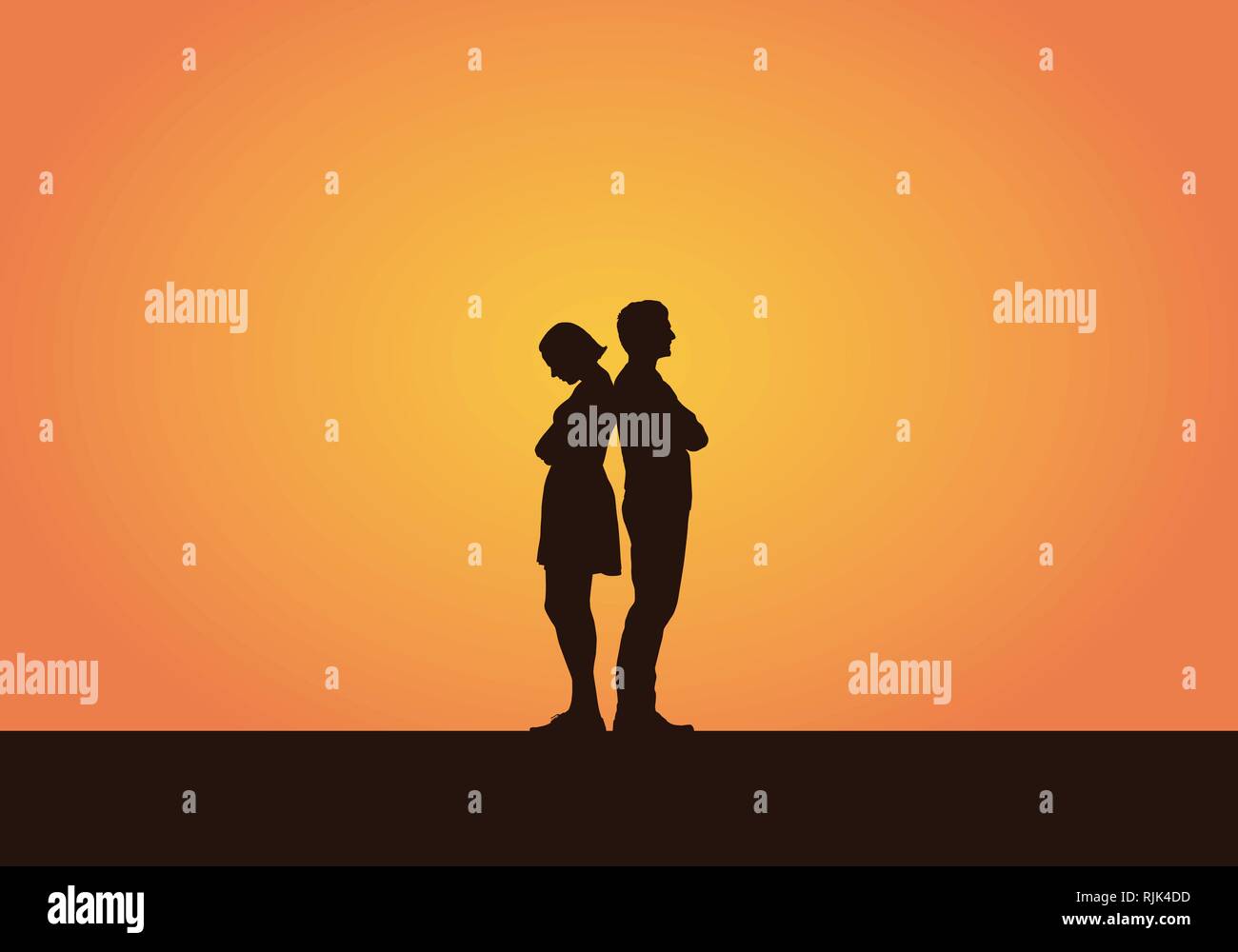 Realistische Darstellung eines Silhouette von ein paar junge Leute, Männer und Frauen, die nach einem Streit oder Unstimmigkeiten. Auf orangem Hintergrund getrennt. Stock Vektor