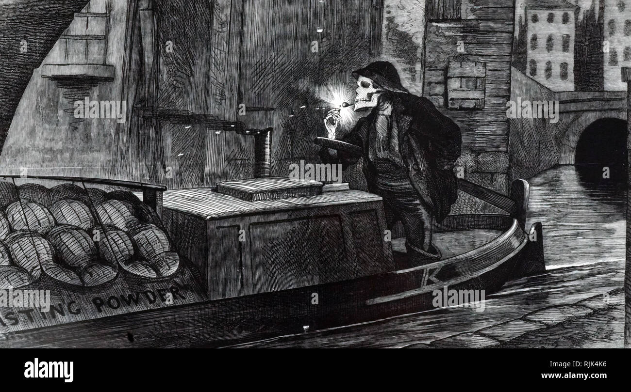 Campaigning Karikatur von John Tenniel schlägt das Parlament sollte an Sicherheitsvorschriften für die Handhabung und den Transport von Sprengstoffen nach der Zerstörung eines Elementekahn Schießpulver auf das Regent's Canal, London. Illustriert von John Tenniel (1820-1914) ein englischer Illustrator Grafik Humorist und politischen Karikaturisten. Vom 19. Jahrhundert Stockfoto