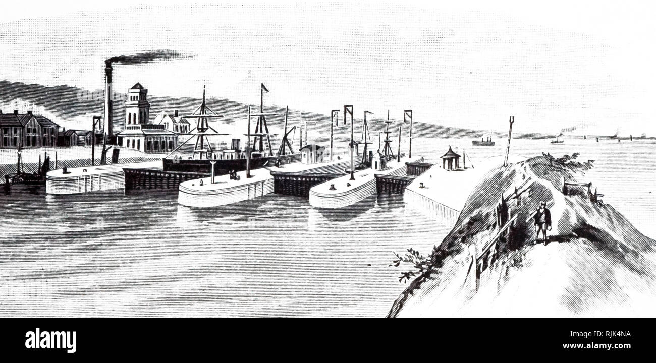 Ein kupferstich mit der Darstellung der eastham Schlösser am Eingang zu den Manchester Ship Canal. Vom 19. Jahrhundert Stockfoto